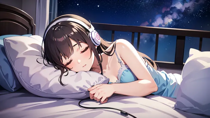 Beautiful girl sleeping in bed listening to music on headphones in a room　The starry sky outside the room is beautiful.