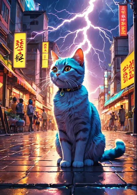 Pop and catchy illustrations、Colorful and fun atmosphere、 and cat、2D、3D、8k, Super Detail, Accurate, highest quality, lightning、Sharp images、High color reproducibility、Attention to detail