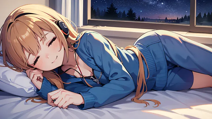 Beautiful girl sleeping in bed listening to music on headphones in a room　The starry sky outside the room is beautiful.　smile