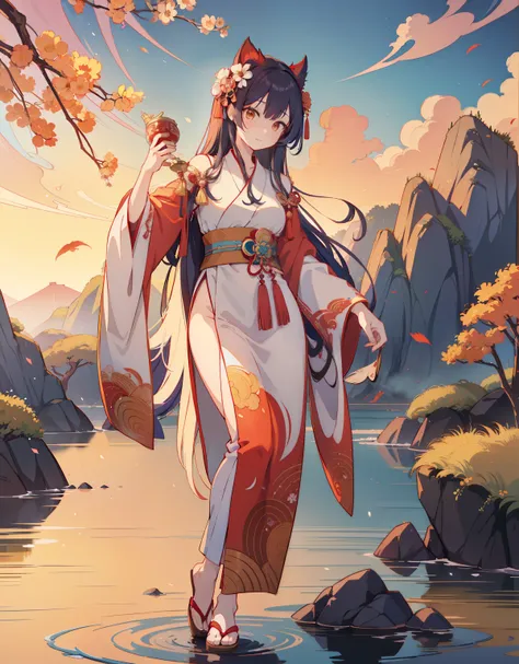 a painting of a woman with long hair and a flower in her hand, korean art nouveau anime, japanese goddess, flowing hair and long robes, anime fantasy illustration, inspired by Sōami, akira from chinese mythology, japanese art style, a beautiful kitsune wom...