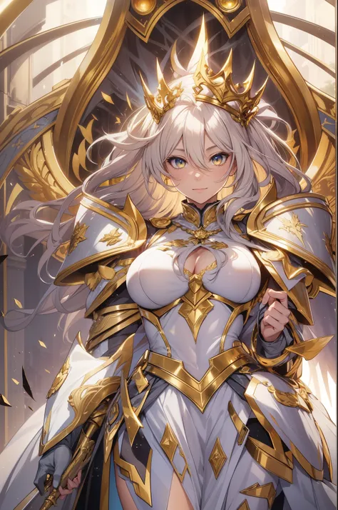 A beautiful woman, absurdres, full body armor, shining armor, knight leg armor, boot armor, Shining light knight, holding a weapon, perfect body figure, blond color hair, wavely hairstyle, light magic, light manipulation, light power, lightbeam attacks, au...