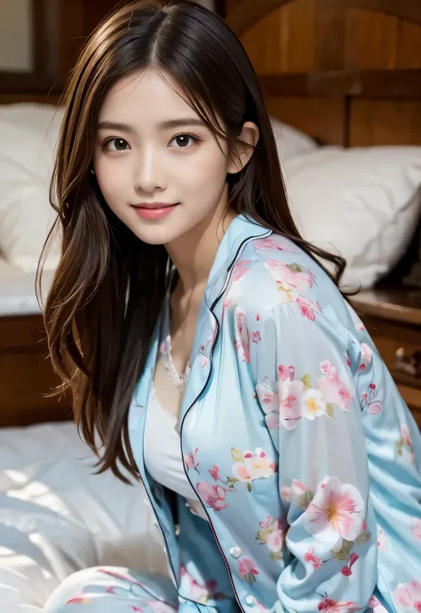 masterpiece, best quality:1.1), (8k, raw photo, photo realistic:1.2, f22), (shiny skin), detailed skin,long hair,detailed face, detailed eyes,smile,BREAK, real world, intricate details, smil, BREAK, 1girl, full body,(flower pattern,pajamas,)BREAK, (bed:1.4...