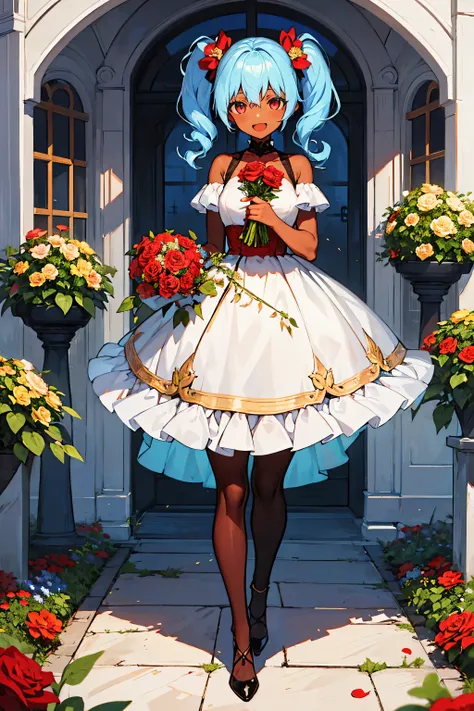 masterpiece, best quality, 1girl,full body,twin tail,light blue Hair,red eyes,dark skin,looking at the viewer, holding a bouquet,red rose bouquet,open mouth smile,Im in a flower garden, (Gold Tailored fit dress)