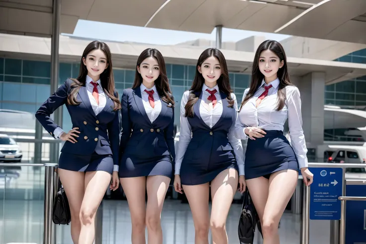 Top quality, ?masterpiece, 8K, Ultra-high resolution, (Reality:1.4), 2 girls in、Beautiful expression、Symmetrical eyes、Huge 、Perfect body proportions、Airline stewardess、Cleavage、Look at the audience、(at the airport:1.2)、Long legs(1.3)、a smile，Body proportio...