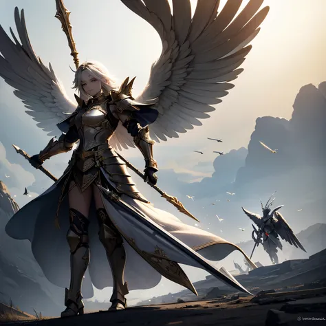 The Warrior Angel of the Angelic Spear is a divine figure in shining armor, wielding a celestial spear. Their majestic wings spread wide as they stand ready to defend the righteous with unwavering strength and determination.