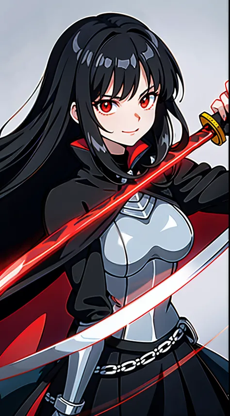 upper body, 1woman, grey-black hair, Long Haired, red eyes, ((swordwoman)), black cape, big breats, wallpaper, chain background, light particles, ((masterpiece)), ((best quality)), ((Top Quality)), pale white skin, solo, long black sword on back, closed-mo...