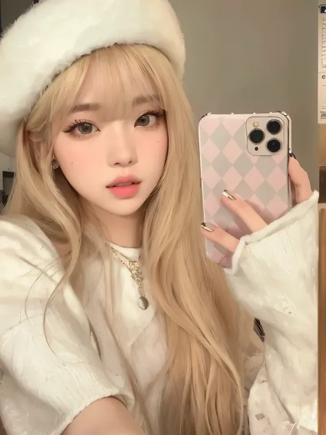 Arafed girl with long blonde hair and a white hat taking a selfie, ulzzang, pelo largo y blanco y flequillo, Lalisa Manobal, parque roseanne de blackpink, Lalisa Manoban de Blackpink, bella delfina, peinado de corte hime blanco, con el pelo largo y blanco,...