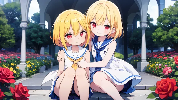 Very cute girl、(I am 12 years old)、Bright yellow hair、Shortcuts、Bangs too close to the eyes、Glowing red eyes、(Normal Human Ear)、Thin arms、Beautiful body、Thin legs、Flat Chest、Translucent white skin、Smile、Open your mouth、(Sleeveless sailor suit、Ultra mini sk...