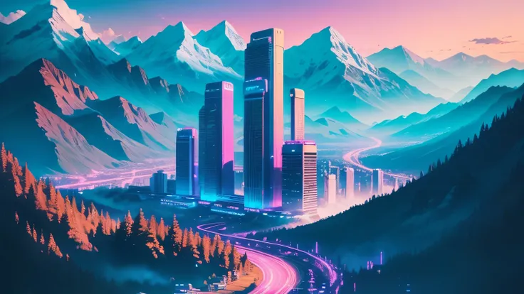 retrowave city in the mountains