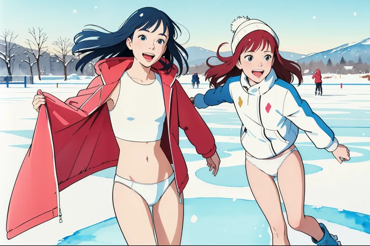 (superflat, flat shading, flat colors), (closeup), mother and daughter, down jacket, (white panties), no skirt, long hair, ice skating, smile, laugh, fun, play, winter, snow, bright, wide angle, vibrant colors, watercolor, ghibli style