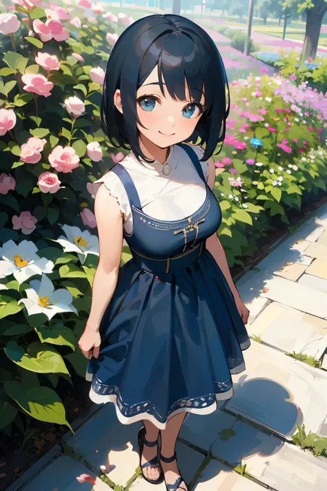 (high quality, High resolution, Very detailed, reality:1.37), Peaceful atmosphere, (Outdoor, garden), Teenage girl standing alone, (my breasts are big.), Beautiful details, Cute Smile, (Black bob hair), Blue sleeveless dress, Sandals.