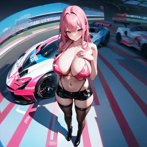 A woman wearing pink and black race queen costume, exposed chest, big breasts, exposed abdomen, short leather shorts, leather stockings, leather boots, walking on the speedway promenade, daytime location, background race cars, hair hot pink with long silve...