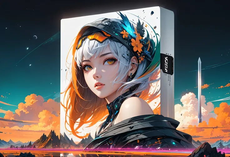 Fractal Art、Large sword、Big sword,Big sword,Detailed face、Woman close up,black、white、orange、green、anime art wallpaper 4k, anime art wallpaper 4k, Anime Art Wallpapers 8K, Anime Style 4k, 4K Detailed Digital Art, Highly detailed digital art in 4K, Amazing a...