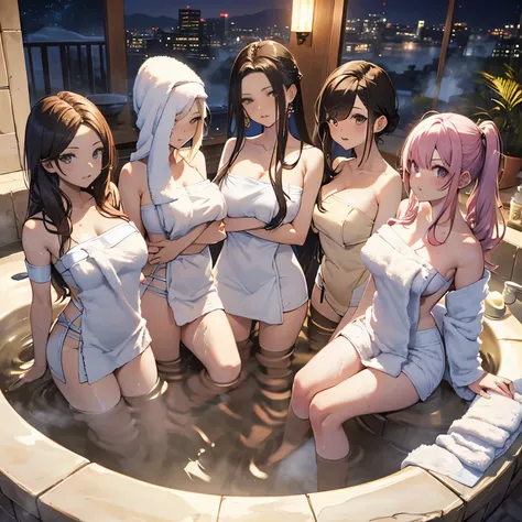 A group of women set in a medieval fantasy world、Dragon Quest、 (At the hot spring), Mr.々Hair style, Harem, night, Detailed aspect,  Seduce, ((Thin bath towel:1.5))、Huge Breasts、Big Ass、wide waist width、The nipples are erect