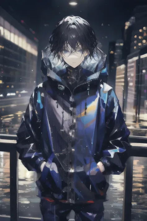 One 20-year-old male,City of night,rain,Dark Blueコート,Put your hands in your pockets,　Short black hair、　Custom raincoat with a futuristic design, incorporating various pockets and adjustable straps for functionality.