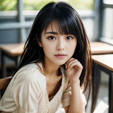 (highest quality,8K quality,masterpiece:1.3),(超A high resolution,Photorealistic:1.4,RAW Photos),(Very detailed,Caustics,Detailed Background),(Ultra-Realistic Capture,Fine and beautiful skin,Perfect Anatomy),Japanese Girl, School classroom,18-year-old,(cute...