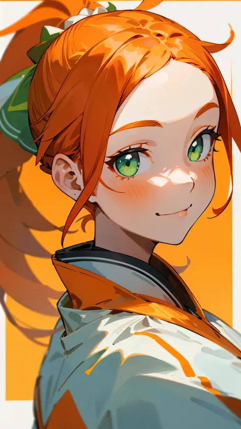 1 girl、Orange themed clothing、Orange Hair、ponytail、Beautiful green eyes、smile、From the side、White uniform with gold trim、Face close-up