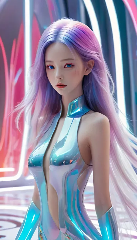 A barefoot futuristic girl standing silently on a carpet, captivating eyes, porcelain skin, long flowing hair, (futuristic outfit:1.1, sleek attire),  (bright and vibrant colors), (futuristic bedroom ), (digital art:1.1, digital illustration), (high resolu...