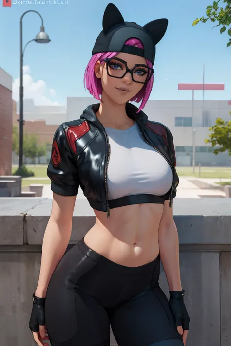 (masterpiece), (best quality), standing, (solo), looking at viewer, high detailed,extremely detailed, fine eyes, smile,dynamic pose, short pink hair,cap,crop top, jacket,fingerless glove,curvy,glasses,(gray leggings),(portrait:1.2),