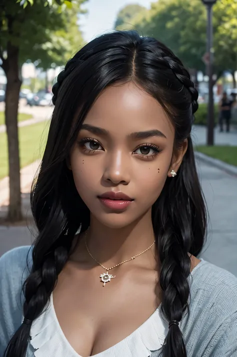 A black woman with dark skin is the main subject of the portrait. Her hair is styled in elaborate copper braided hair, shining beautifully. Her smooth skin is flawlessly highlighted, and she has a mole on her cheek that adds a touch of charm. She has lusci...