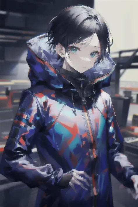 Gender: Boy
Hairstyle: Short
Hair Color: Black
Main Color of Clothing: Dark Blue
Design of Clothing: Custom raincoat with a futuristic design, incorporating various pockets and adjustable straps for functionality.