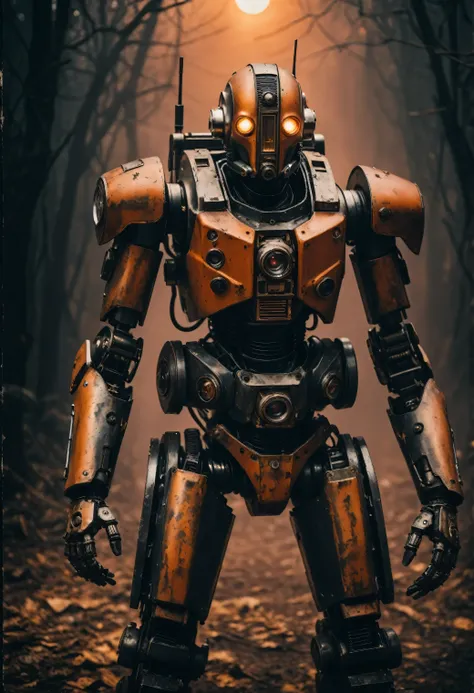 Grunge style analog film photography, Polaroid, [Dark Fantasy Cosplay], Low Light, Strong Soldier, With robotic arms,, Digital SLR, 8k, 4K, Movie stills, (Colorful orange and black fog in the background) Natural Skin, Perfect Eyes, Textured skin, indoor, F...