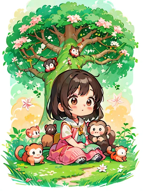 momoko sakura style, kawaii design, the most beautiful girl of all time、chibi、cute monkey, monkey forest