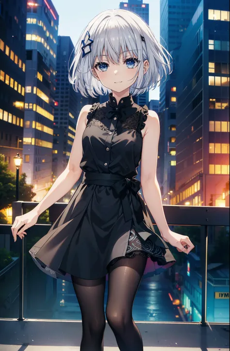 origamitobiichi, Origami Tobiichi Casual, short hair, blue eyes, hair ornaments, Gray Hair, Sleeveless dress,Long skirt,Black pantyhose,Heeled Sandals,happy smile, smile, Open your mouth,True Summer,Daytime,
break ,
break outdoors, In town,Building distric...