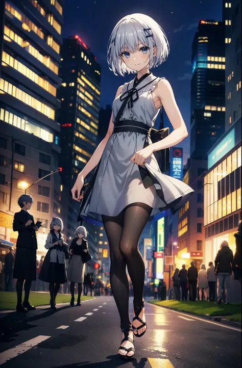 origamitobiichi, Origami Tobiichi Casual, short hair, blue eyes, hair ornaments, Gray Hair, Sleeveless dress,Long skirt,Black pantyhose,Heeled Sandals,happy smile, smile, Open your mouth,True Summer,Daytime,So that the whole body goes into the illustration...