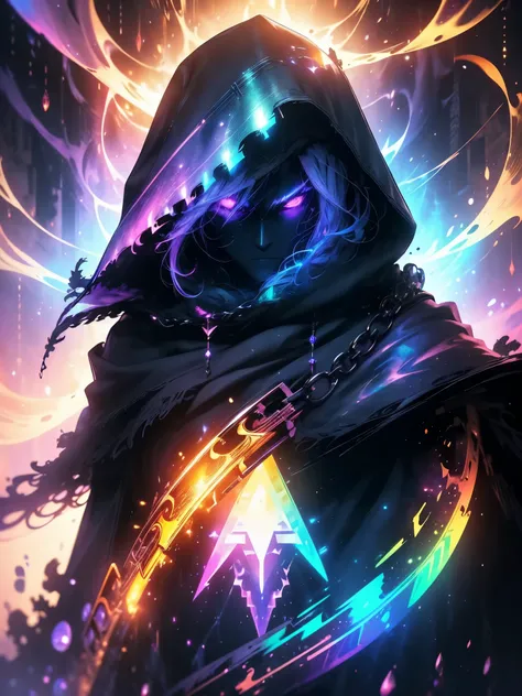 An obscure Dark wizard, his eyes glow purple like neon, his face is covered where only the eyes appear, beams and beams of lightning across the sky, Robes of a boss wizard, epic wizard, {CG unit wallpaper of 16k extremely detailed}, expansive landscape pho...