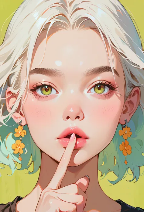 (masterpiece, best quality:1.2), 1 girl, Solitary,anime style,White hair, Girl with pink lips and light floral earrings puts finger on mouth,With the style of a top portrait painter, Yellow-green background.