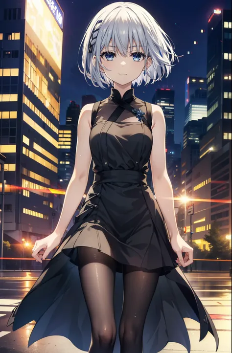 origamitobiichi, Origami Tobiichi Casual, short hair, blue eyes, hair ornaments, Gray Hair, Sleeveless dress,Long skirt,Black pantyhose,Stiletto heels,happy smile, smile, Open your mouth,True Summer,Daytime,Clear skies,Light of the sun,So that the whole bo...