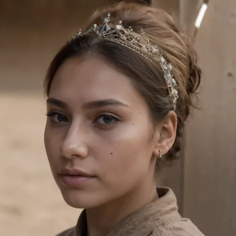 photo of a college student, in Desert Color Coarse Linen Pink,Desert Color Coarse Linen, (freckles:0.8) cute face, sci-fi, dystopian, detailed eyes, Heterochromia eyes((Side view))(Lunar soil)((a beautiful fantasy empress))