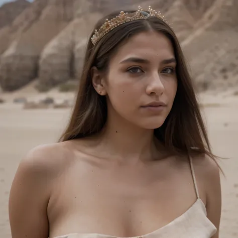 photo of a college student, in Desert Color Coarse Linen Pink,Desert Color Coarse Linen, (freckles:0.8) cute face, sci-fi, dystopian, detailed eyes, Heterochromia eyes((Side view))(Lunar soil)((a beautiful fantasy empress))