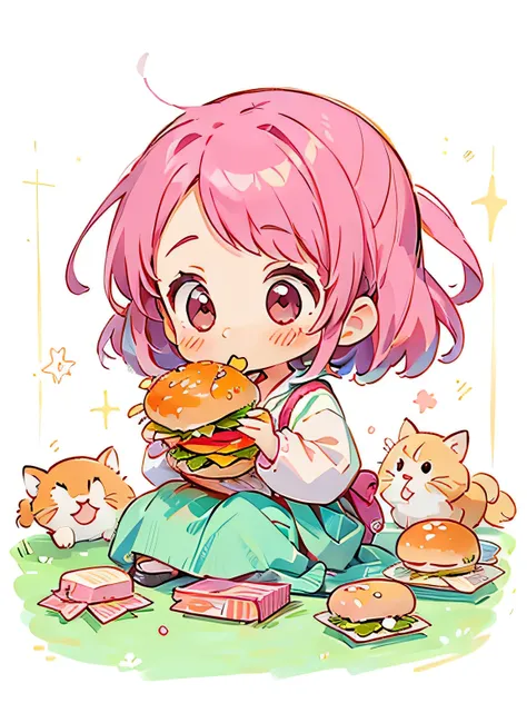 momoko sakura style, kawaii design, the most beautiful girl of all time、chibi、eating a hamburger