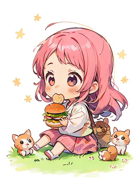 Momoko Sakura style, Kawaii Design, The most beautiful girl of all time、Chibi、Eating a hamburger