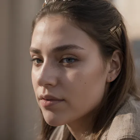 photo of a college student, in Desert Color Coarse Linen Pink,Desert Color Coarse Linen, (freckles:0.8) cute face, sci-fi, dystopian, detailed eyes, Heterochromia eyes((Side view))(Lunar soil)((a beautiful fantasy empress))