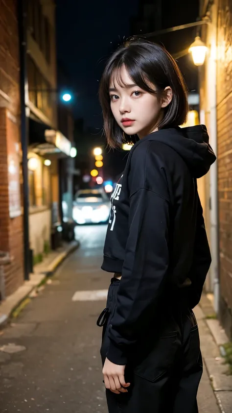 18-year-old,korean women,holding a small brown glass bottle,(((neon city back alley at night))),(((frowning,カメラをglare))),(very b...