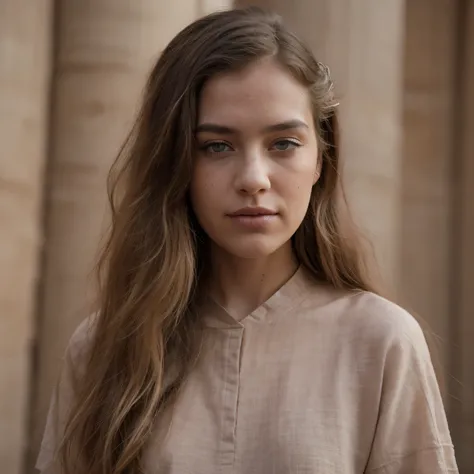 photo of a college student, in Desert Color Coarse Linen Pink,Desert Color Coarse Linen, (freckles:0.8) cute face, sci-fi, dystopian, detailed eyes, Heterochromia eyes((Side view))(Lunar soil)((a beautiful fantasy empress))