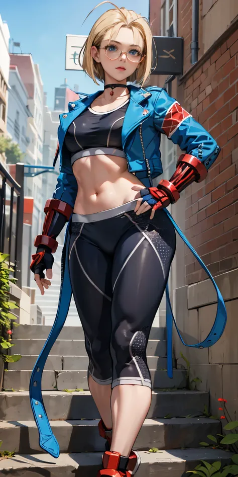 masterpiece, best quality, highres, 1girl, cammy white, short hair, antenna hair, blue eyes, scar on cheek, large breasts, black choker, collarbone, blue jacket, cropped jacket, open jacket, sports bra, midriff, fingerless gloves, black gloves, black pants...