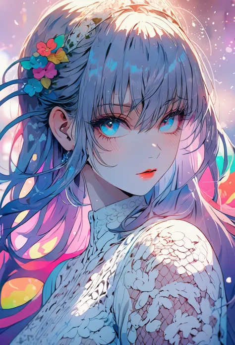 (((masterpiece:1.4))), (highest quality:1.4), (Ultra-high resolution:1.4), (best quality:1.2), (ultra detail:1.3), 8K, 16K, This is a super high-definition illustration of a girl wearing fine lace. The background features a super fine lace pattern. The ent...