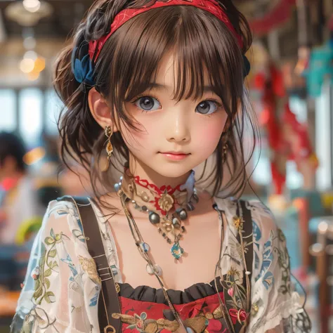 detailed face, cute face,brown eye, ((sfw: 1.4)), (sfw,She is wearing a long white embroidered skirt, a red blouse with lace, a white apron tied around her waist, blue socks, and brown leather shoes.A blue scarf is on her head. Yes, her accessories include...