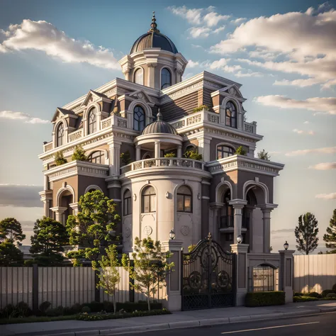 Realistic, masterpice, tree, clear sky, fence, Neo classical architecture