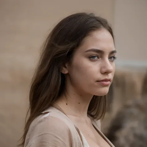 photo of a college student, in Desert Color Coarse Linen Pink,Desert Color Coarse Linen, (freckles:0.8) cute face, sci-fi, dystopian, detailed eyes, Heterochromia eyes((Side view))(Lunar soil)((a beautiful fantasy empress))
