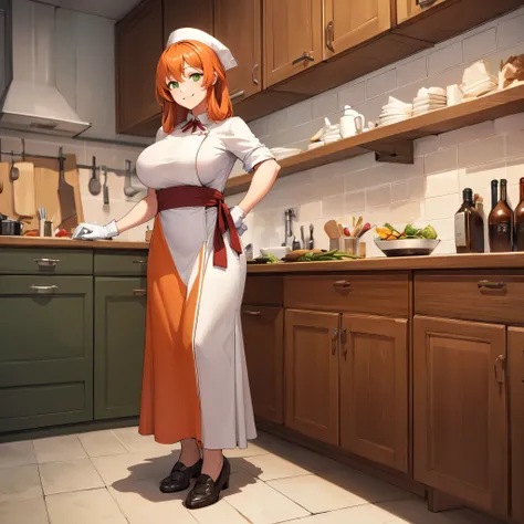 a woman wearing a white chef's outfit, chef's hat, white gloves, light orange red hair, green eyes, smiling, in a kitchen standi...