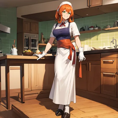 a woman wearing a white chef's outfit, chef's hat, white gloves, light orange red hair, green eyes, smiling, in a kitchen standi...