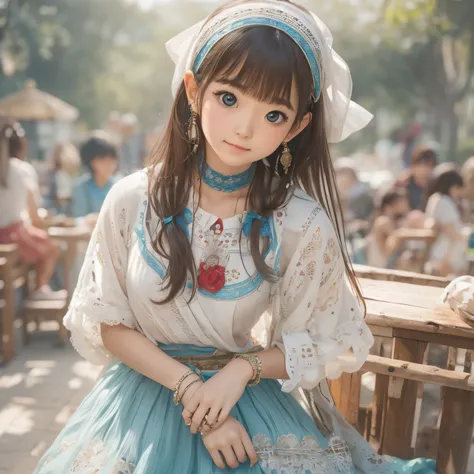 detailed face, cute face,brown eye, ((sfw: 1.4)), (sfw,She is wearing a long white embroidered skirt, a red blouse with lace, a white apron tied around her waist, blue socks, and brown leather shoes.A blue scarf is on her head. Yes, her accessories include...