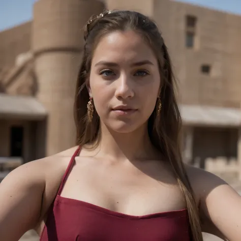 photo of a college student, in Desert Color Coarse Linen Pink,Desert Color Coarse Linen, (freckles:0.8) cute face, sci-fi, dystopian, detailed eyes, Heterochromia eyes((Side view))(Wine red gradient)((a beautiful fantasy empress))