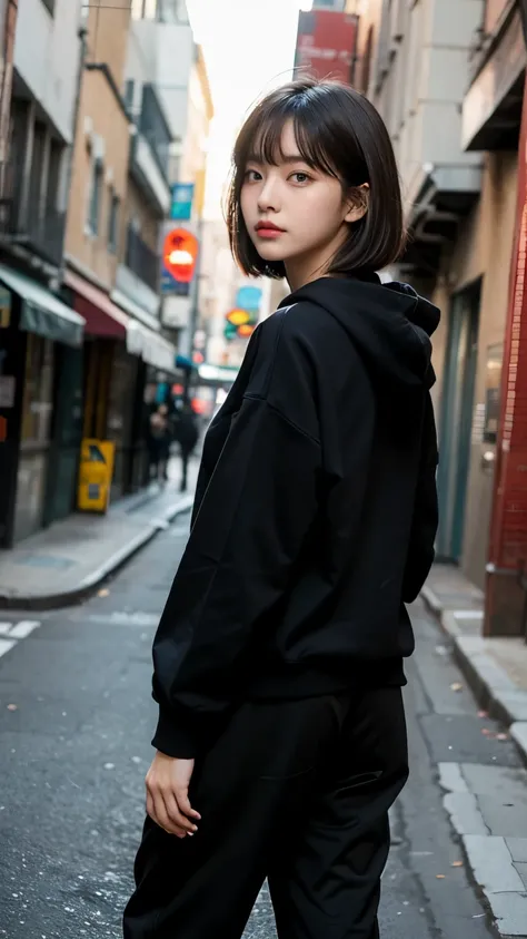 18-year-old,korean women,holding a small brown glass bottle,(((neon city back alley at night))),(((frowning,カメラをglare))),(very b...