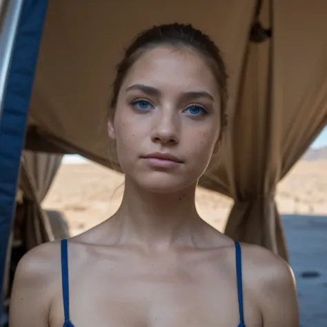 photo of a college student, in Desert Color Coarse Linen Pink,Desert Color Coarse Linen, (freckles:0.8) cute face, sci-fi, dystopian, detailed eyes, Heterochromia eyes((Side view))(Dune 2)((Cobalt blue eyes))